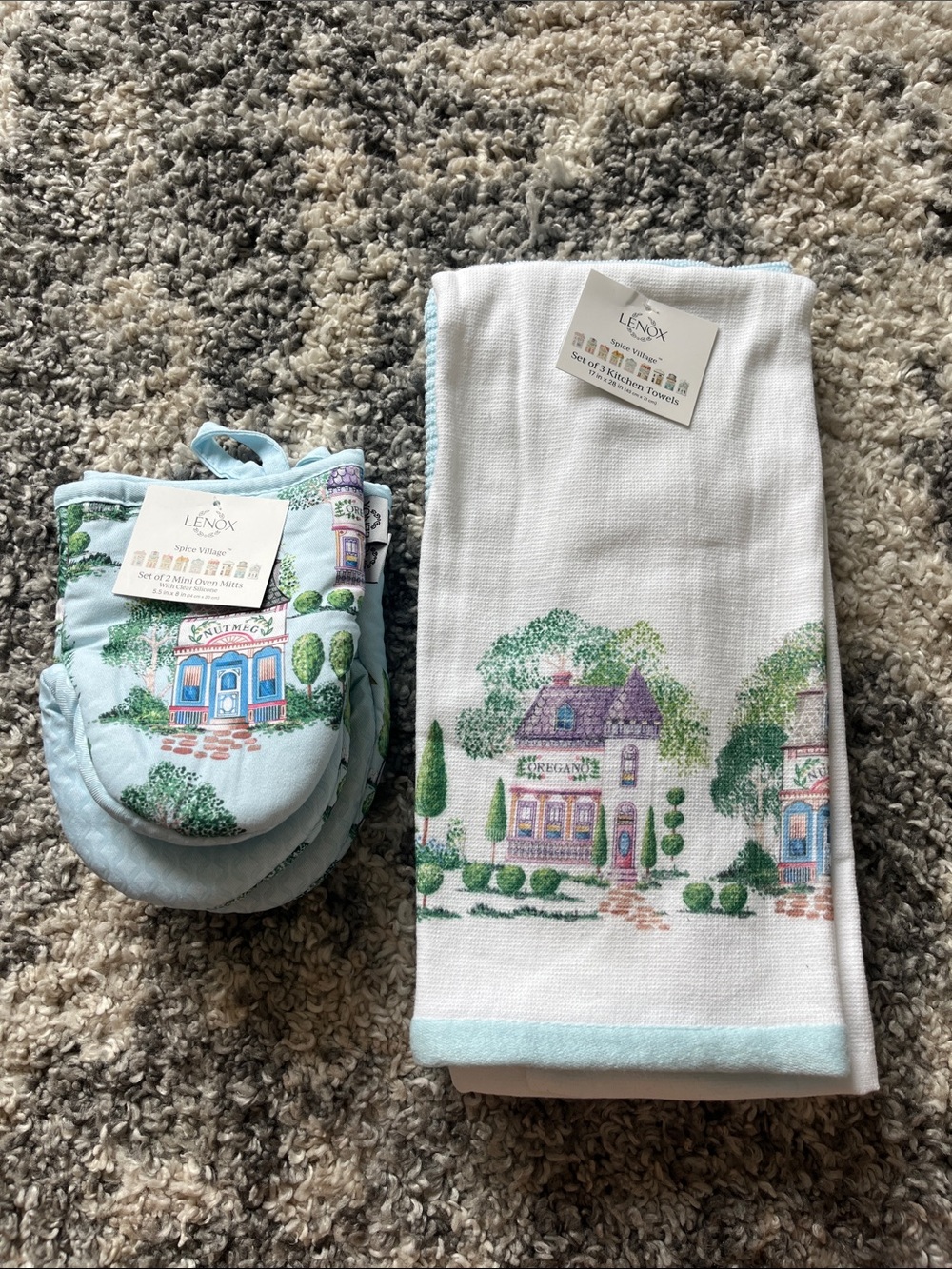 Lenox Cottage Village Kitchen Towel and Oven Mitt Set - Light Blue Accents